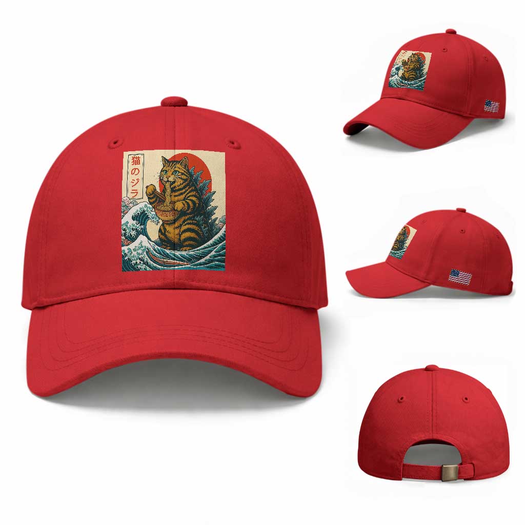 Cute Giant Cat Monster Eating Ramen Baseball Cap Japanese Sun Wave Art TS12 Baseball Cap Universal Fit Red Print Your Wear