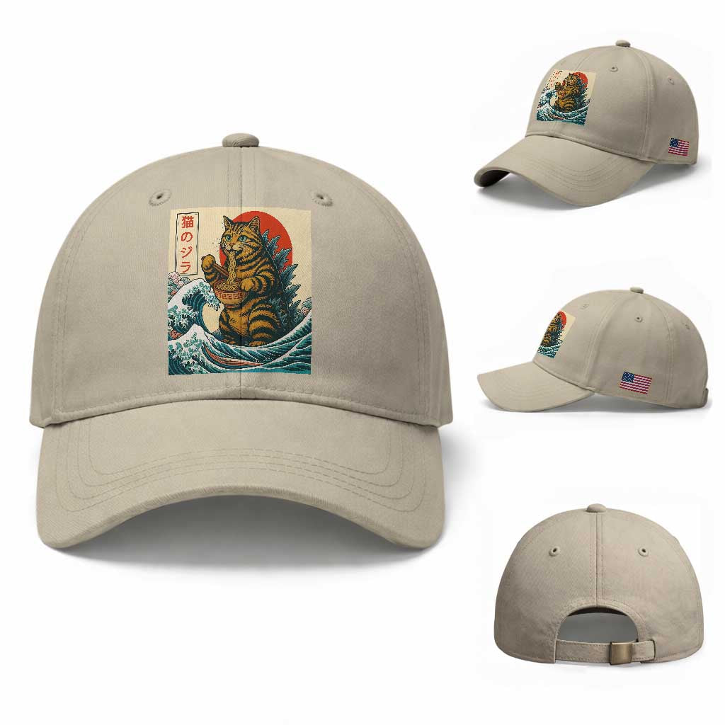 Cute Giant Cat Monster Eating Ramen Baseball Cap Japanese Sun Wave Art TS12 Baseball Cap Universal Fit Beige Print Your Wear