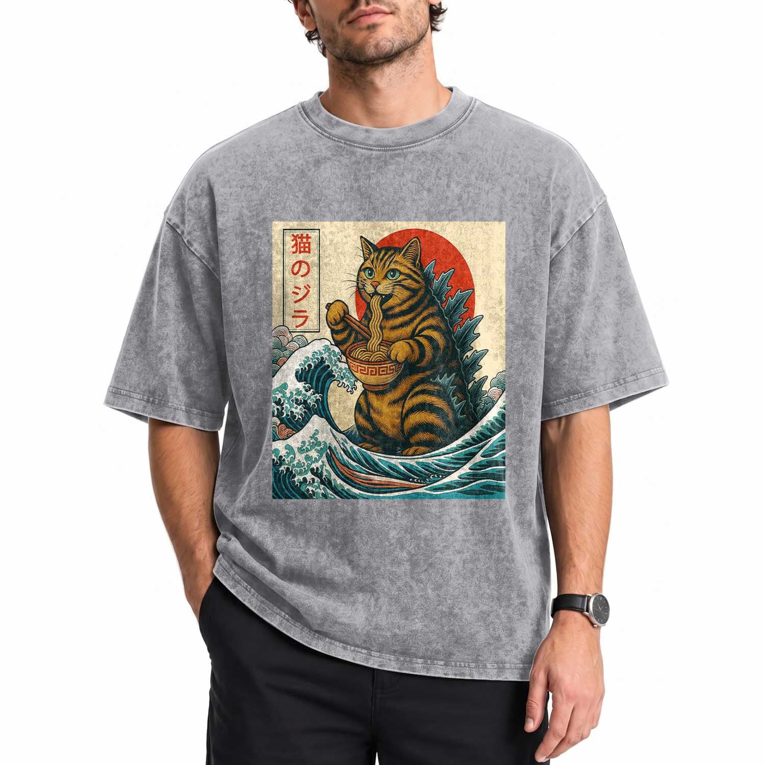 Cute Giant Cat Monster Eating Ramen Washed Cotton T-Shirt Japanese Sun Wave Art