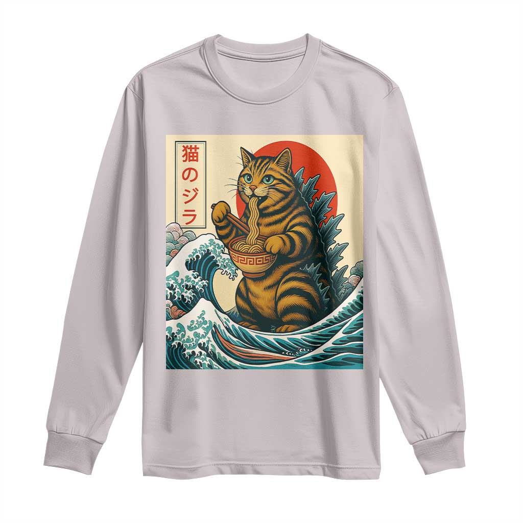 Cute Giant Cat Monster Eating Ramen Long Sleeve Shirt Japanese Sun Wave Art TS12 Ice Gray Print Your Wear