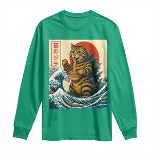 Cute Giant Cat Monster Eating Ramen Long Sleeve Shirt Japanese Sun Wave Art TS12 Irish Green Print Your Wear