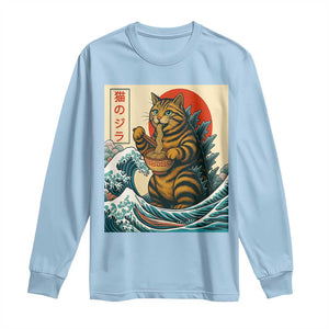 Cute Giant Cat Monster Eating Ramen Long Sleeve Shirt Japanese Sun Wave Art TS12 Light Blue Print Your Wear