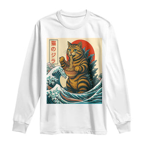 Cute Giant Cat Monster Eating Ramen Long Sleeve Shirt Japanese Sun Wave Art TS12 White Print Your Wear