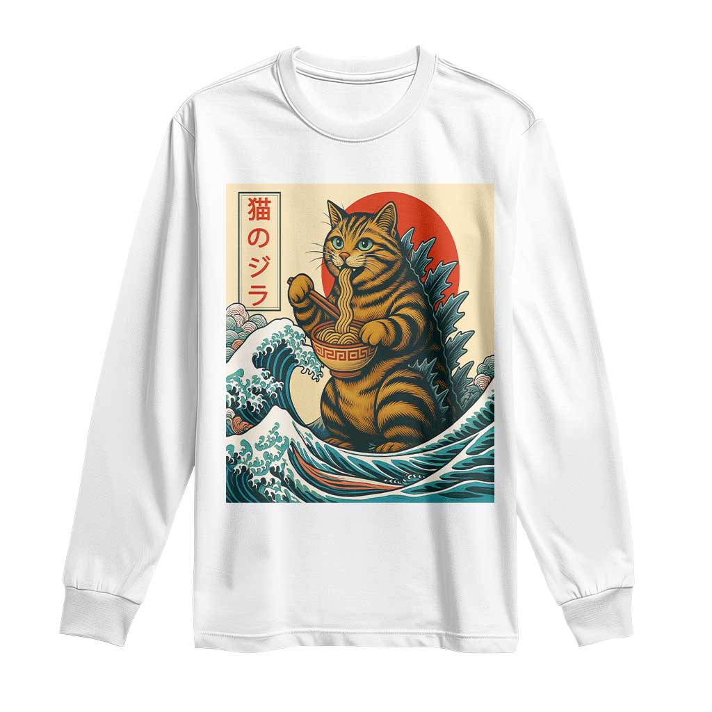 Cute Giant Cat Monster Eating Ramen Long Sleeve Shirt Japanese Sun Wave Art TS12 White Print Your Wear
