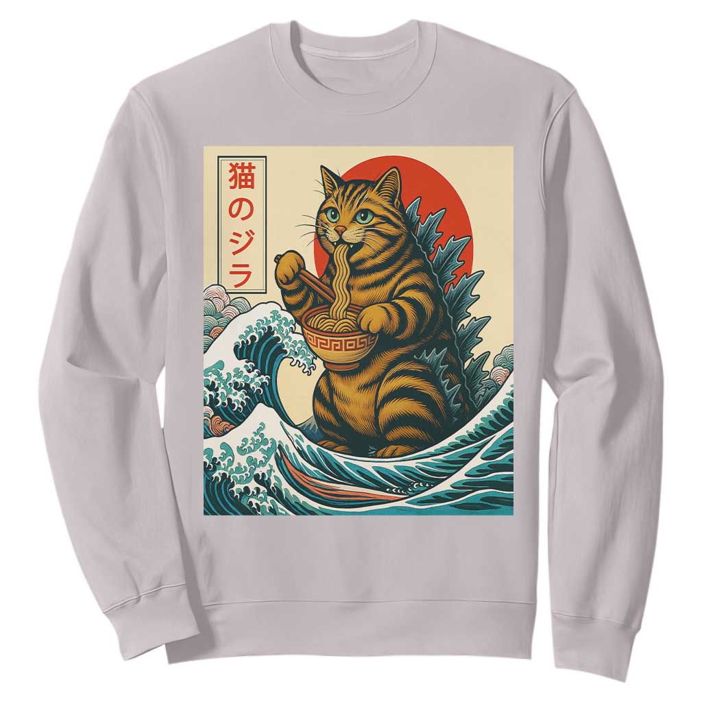 Cute Giant Cat Monster Eating Ramen Sweatshirt Japanese Sun Wave Art TS12 Ice Gray Print Your Wear