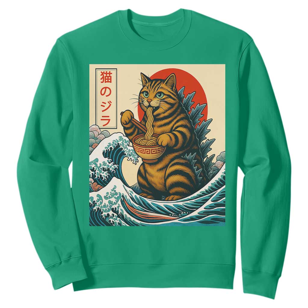 Cute Giant Cat Monster Eating Ramen Sweatshirt Japanese Sun Wave Art TS12 Irish Green Print Your Wear