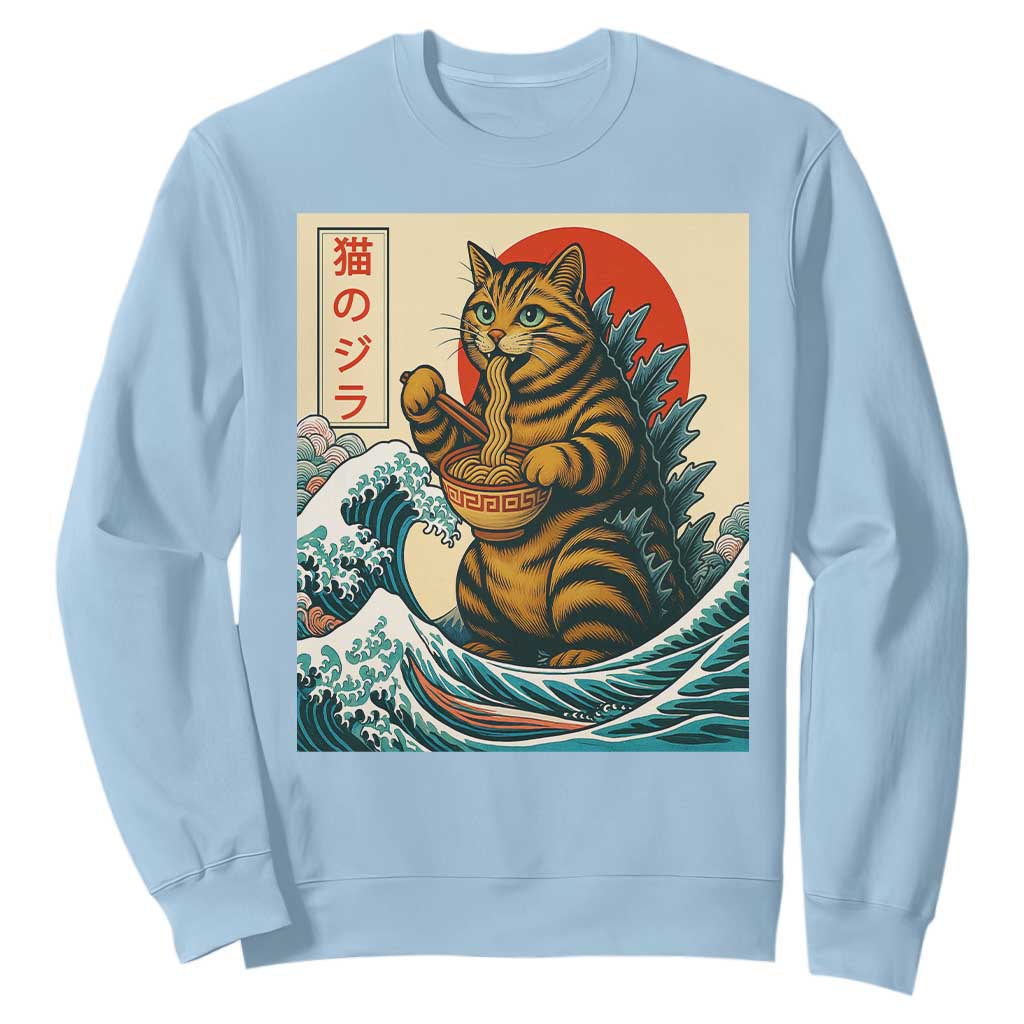 Cute Giant Cat Monster Eating Ramen Sweatshirt Japanese Sun Wave Art TS12 Light Blue Print Your Wear