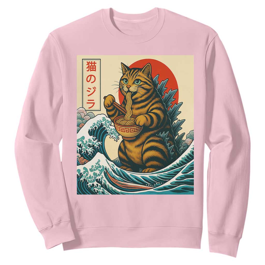 Cute Giant Cat Monster Eating Ramen Sweatshirt Japanese Sun Wave Art TS12 Light Pink Print Your Wear