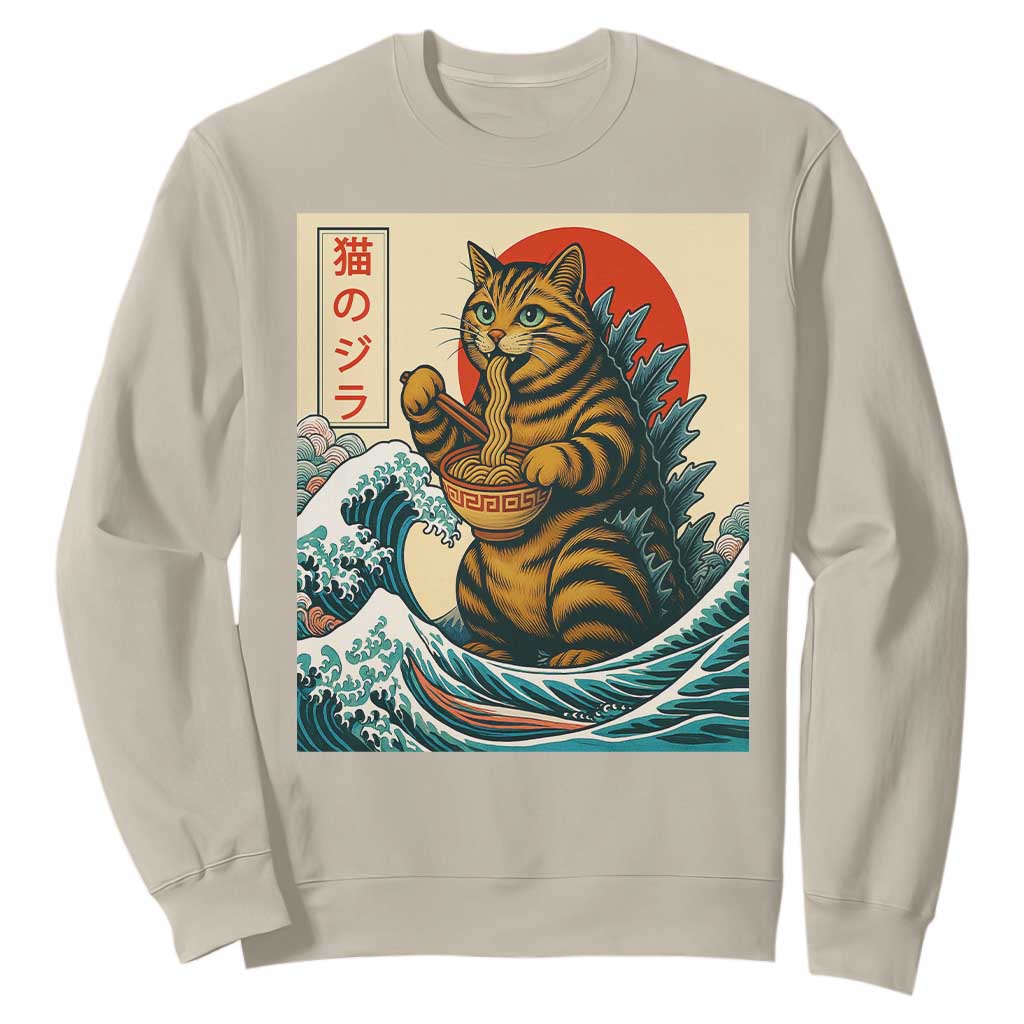 Cute Giant Cat Monster Eating Ramen Sweatshirt Japanese Sun Wave Art TS12 Sand Print Your Wear