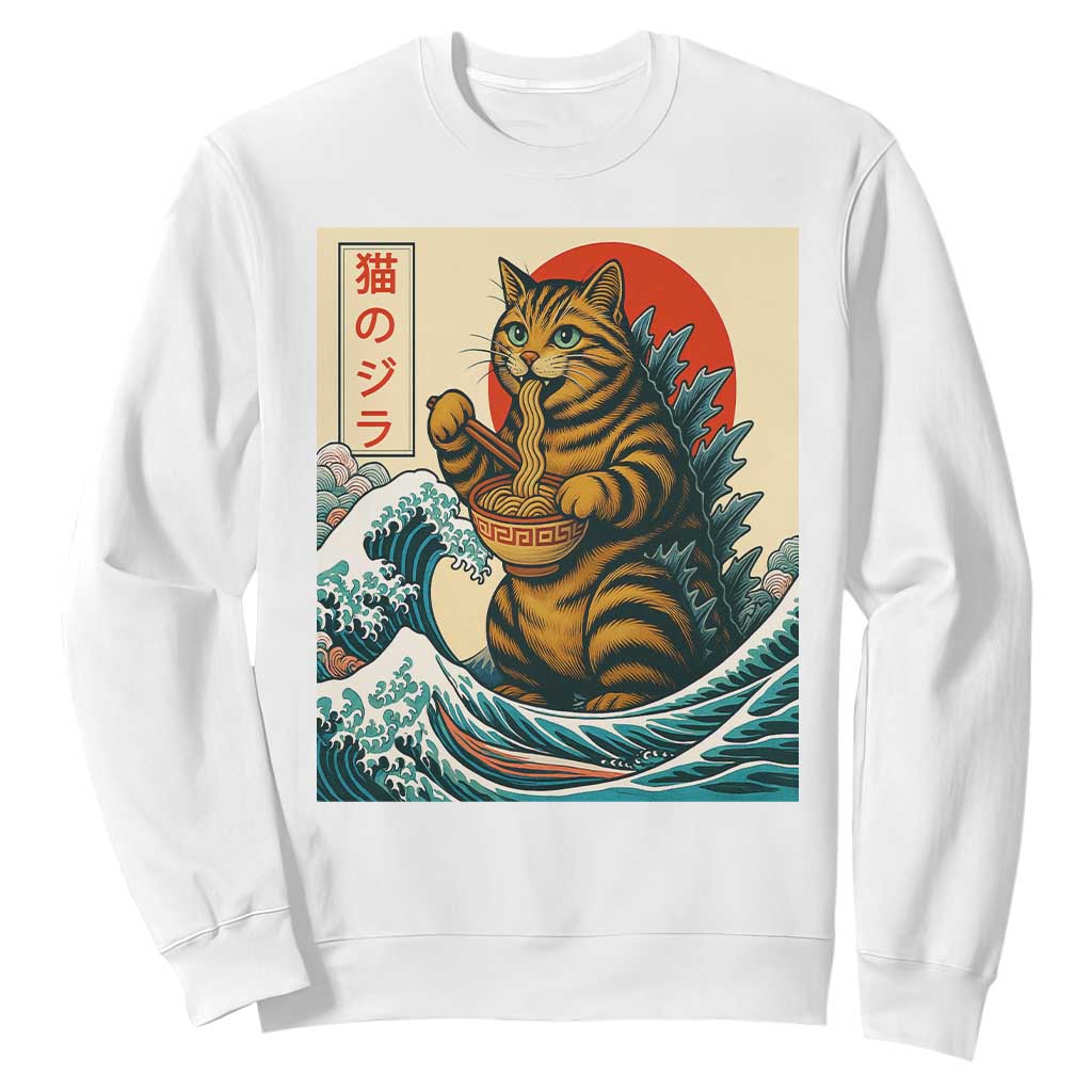 Cute Giant Cat Monster Eating Ramen Sweatshirt Japanese Sun Wave Art TS12 White Print Your Wear