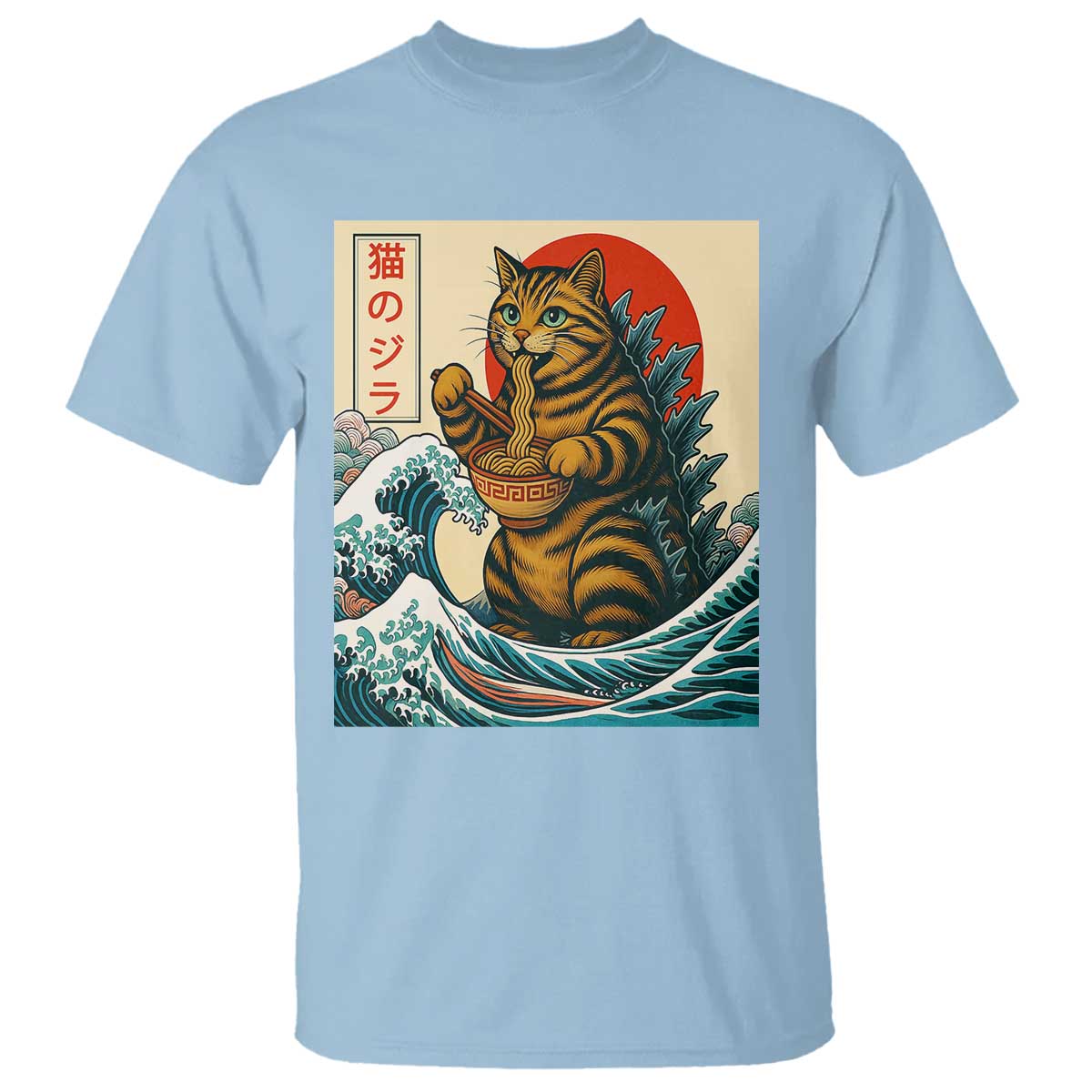 Cute Giant Cat Monster Eating Ramen T Shirt Japanese Sun Wave Art TS12 Light Blue Print Your Wear