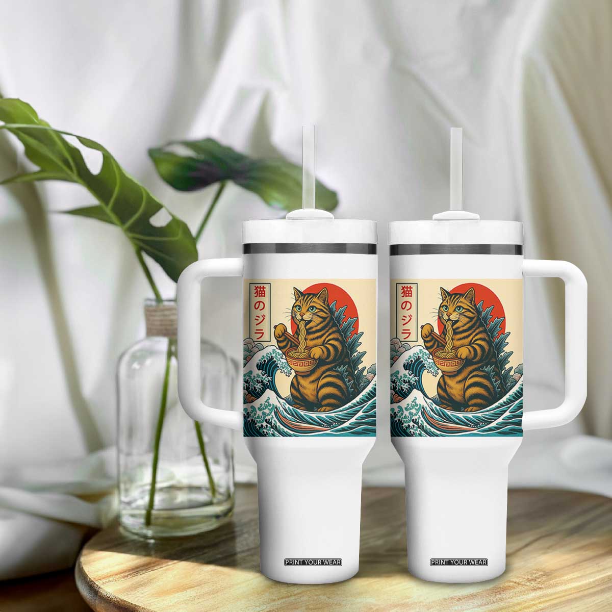 Cute Giant Cat Monster Eating Ramen Tumbler With Handle Japanese Sun Wave Art TS12 Print Your Wear