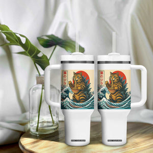 Cute Giant Cat Monster Eating Ramen Tumbler With Handle Japanese Sun Wave Art TS12 Print Your Wear