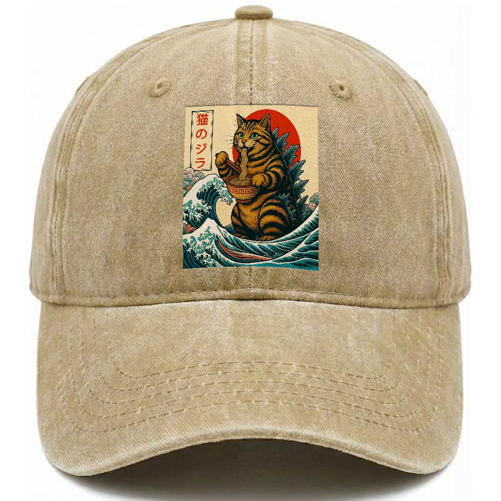 Cute Giant Cat Monster Eating Ramen Washed Cotton Baseball Cap Japanese Sun Wave Art TS12 Print Your Wear