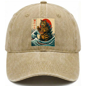 Cute Giant Cat Monster Eating Ramen Washed Cotton Baseball Cap Japanese Sun Wave Art TS12 Print Your Wear