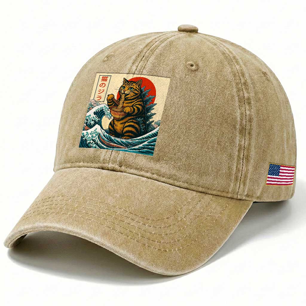 Cute Giant Cat Monster Eating Ramen Washed Cotton Baseball Cap Japanese Sun Wave Art TS12 Print Your Wear