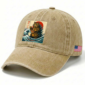 Cute Giant Cat Monster Eating Ramen Washed Cotton Baseball Cap Japanese Sun Wave Art TS12 Print Your Wear