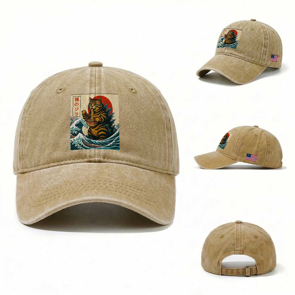 Cute Giant Cat Monster Eating Ramen Washed Cotton Baseball Cap Japanese Sun Wave Art TS12 Washed Cap Universal Fit Khaki Print Your Wear