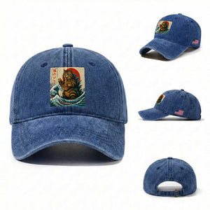 Cute Giant Cat Monster Eating Ramen Washed Cotton Baseball Cap Japanese Sun Wave Art TS12 Washed Cap Universal Fit Royal Blue Print Your Wear