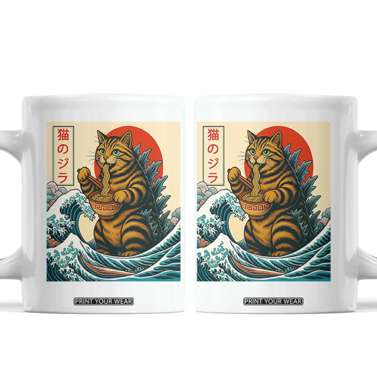 Cute Giant Cat Monster Eating Ramen Coffee Mug Japanese Sun Wave Art TS12 White Print Your Wear