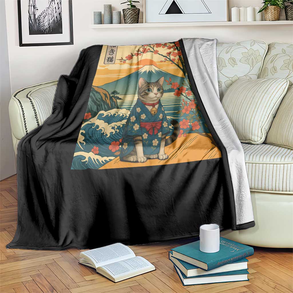 Japanese Ukiyo E Cat Kimono Throw Blanket Mount Fuji Cherry Blossom Vintage Gift TS12 Print Your Wear