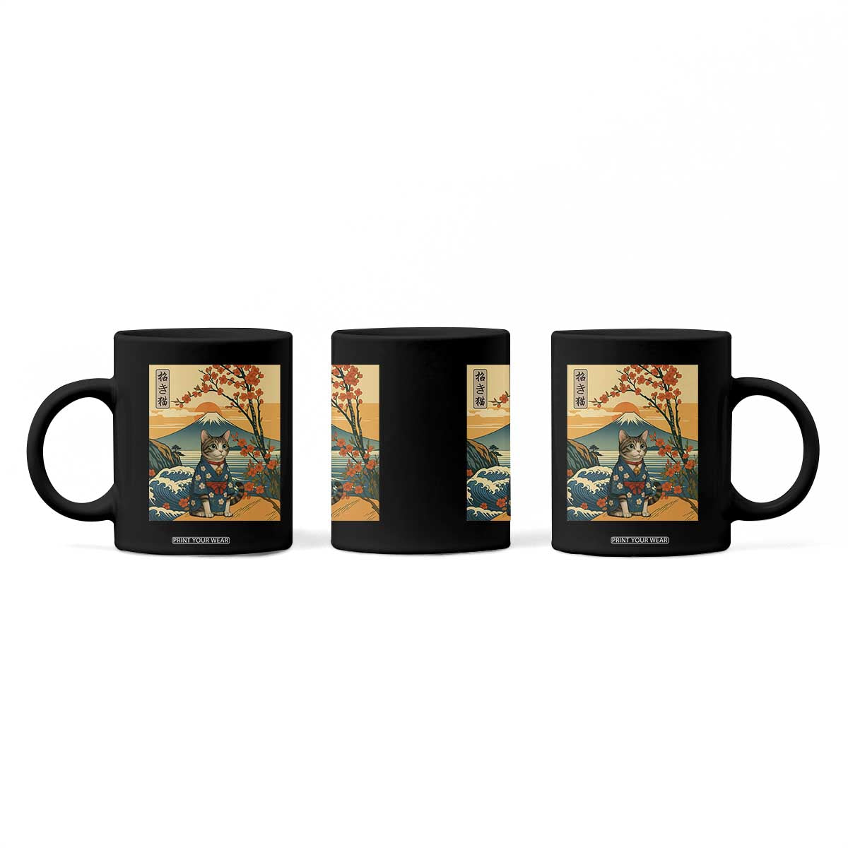 Japanese Ukiyo E Cat Kimono Coffee Mug Mount Fuji Cherry Blossom Vintage Gift TS12 Print Your Wear