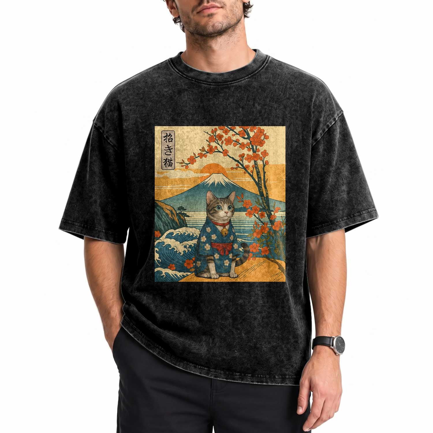 Japanese Ukiyo E Cat Kimono Washed Cotton T-Shirt Mount Fuji Cherry Blossom Vintage Gift