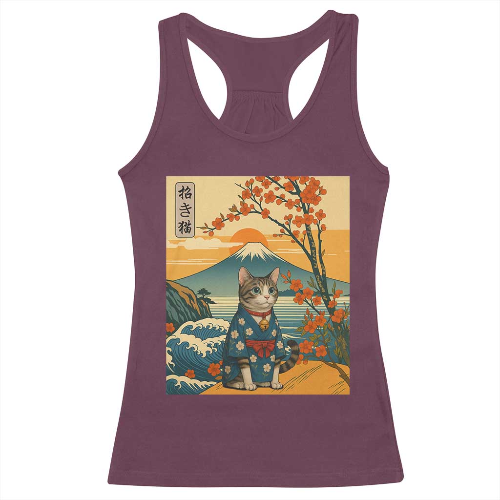 Japanese Ukiyo E Cat Kimono Racerback Tank Top Mount Fuji Cherry Blossom Vintage Gift TS12 Maroon Print Your Wear