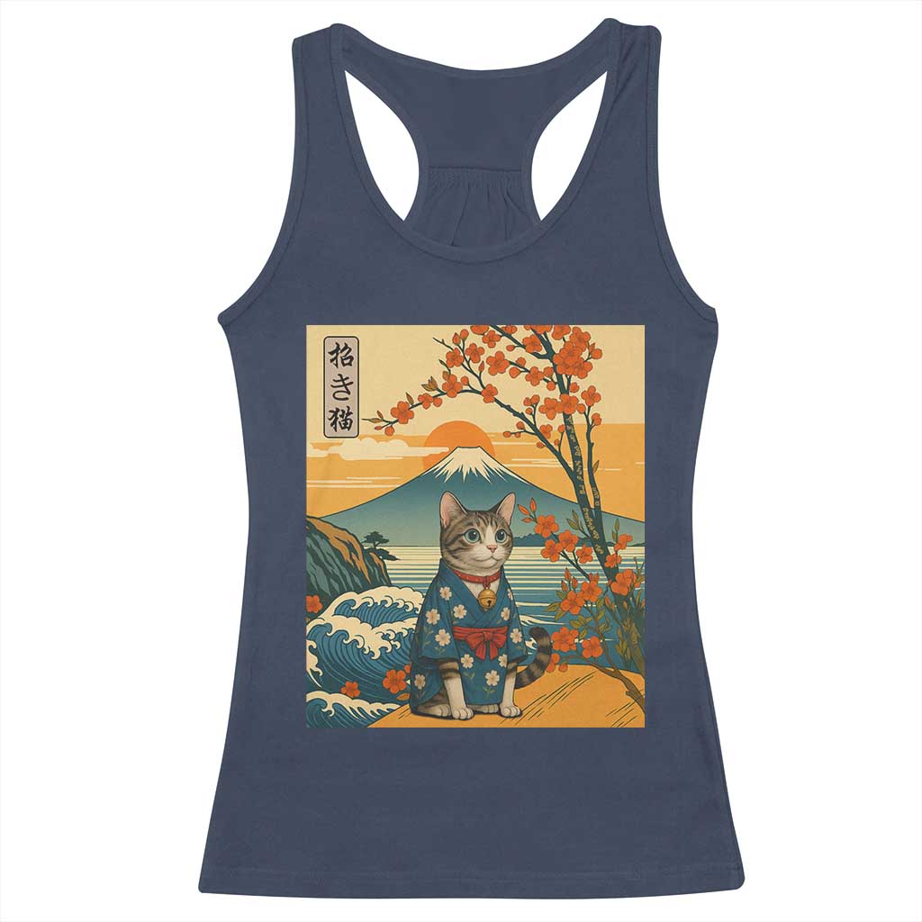 Japanese Ukiyo E Cat Kimono Racerback Tank Top Mount Fuji Cherry Blossom Vintage Gift TS12 Navy Print Your Wear