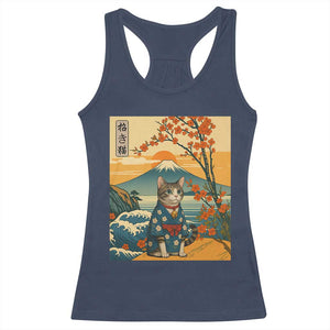 Japanese Ukiyo E Cat Kimono Racerback Tank Top Mount Fuji Cherry Blossom Vintage Gift TS12 Navy Print Your Wear