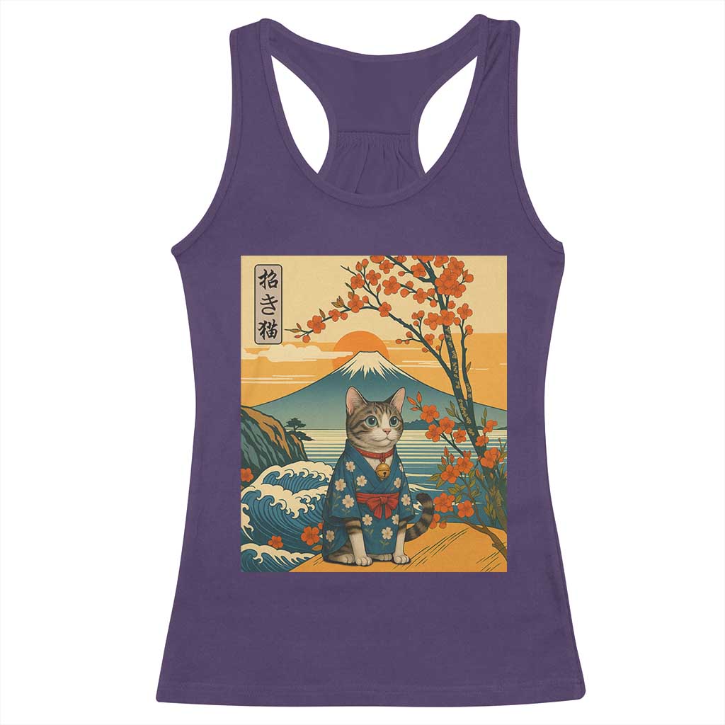 Japanese Ukiyo E Cat Kimono Racerback Tank Top Mount Fuji Cherry Blossom Vintage Gift TS12 Purple Print Your Wear