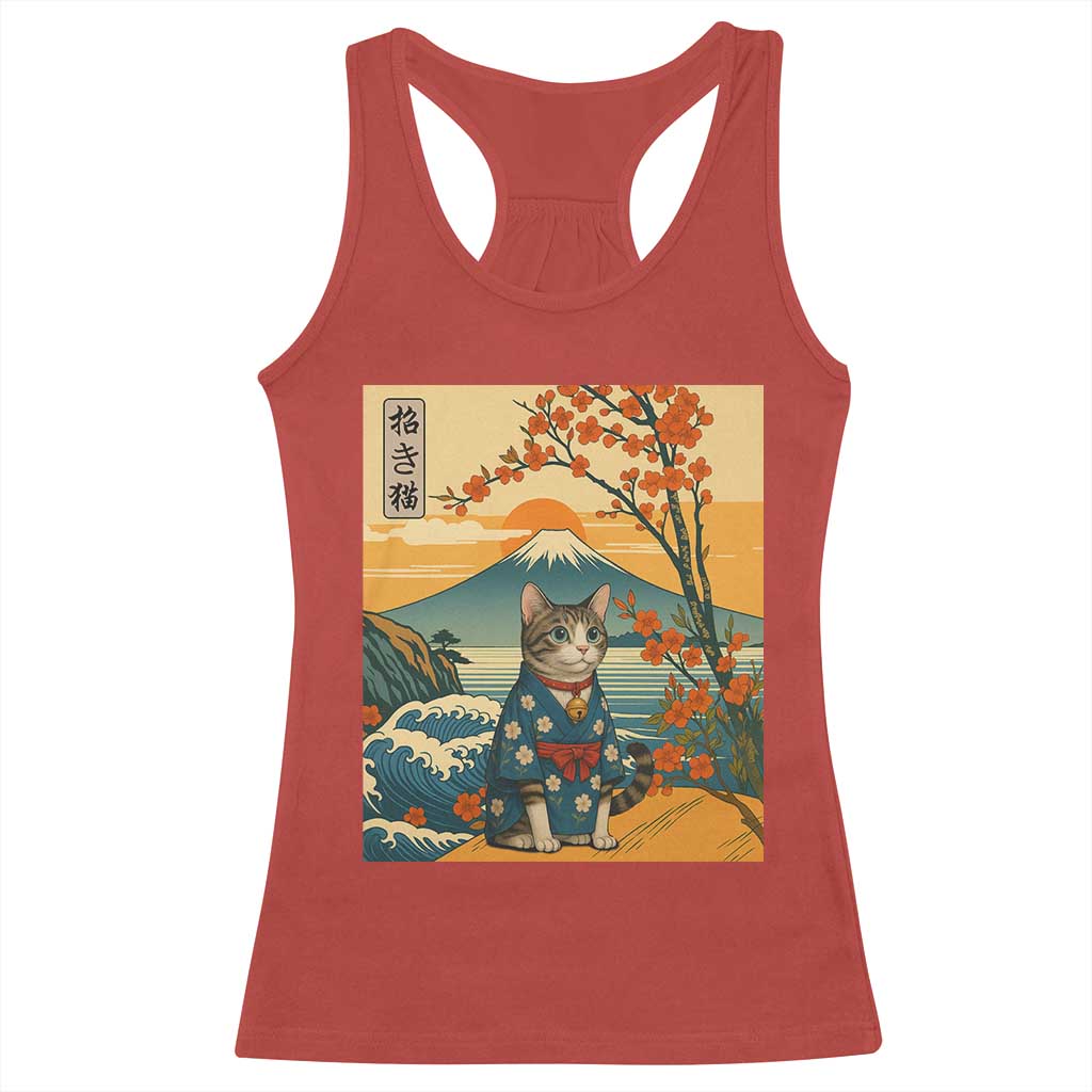 Japanese Ukiyo E Cat Kimono Racerback Tank Top Mount Fuji Cherry Blossom Vintage Gift TS12 Red Print Your Wear