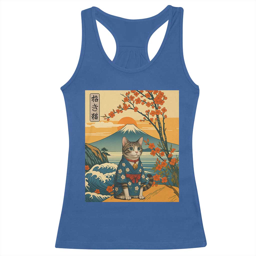 Japanese Ukiyo E Cat Kimono Racerback Tank Top Mount Fuji Cherry Blossom Vintage Gift TS12 Royal Blue Print Your Wear