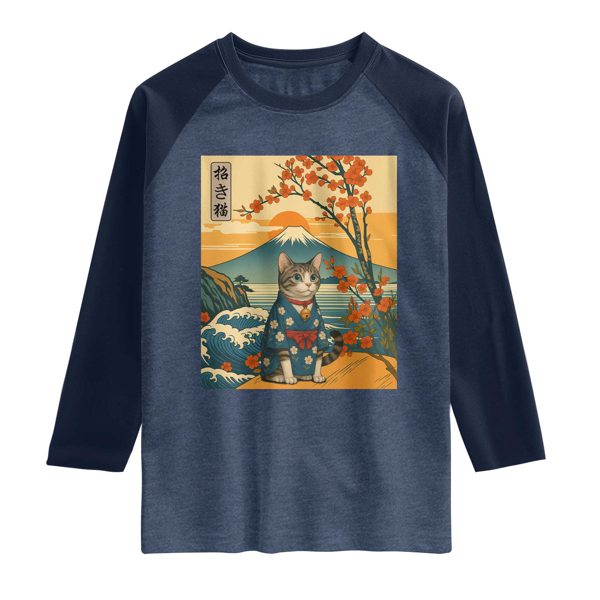 Japanese Ukiyo E Cat Kimono Raglan Shirt Mount Fuji Cherry Blossom Vintage Gift TS12 Heather Denim Navy Print Your Wear