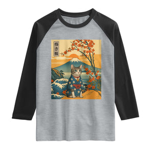 Japanese Ukiyo E Cat Kimono Raglan Shirt Mount Fuji Cherry Blossom Vintage Gift TS12 Heather Gray Black Print Your Wear