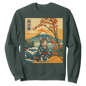 Japanese Ukiyo E Cat Kimono Sweatshirt Mount Fuji Cherry Blossom Vintage Gift TS12 Dark Forest Green Print Your Wear