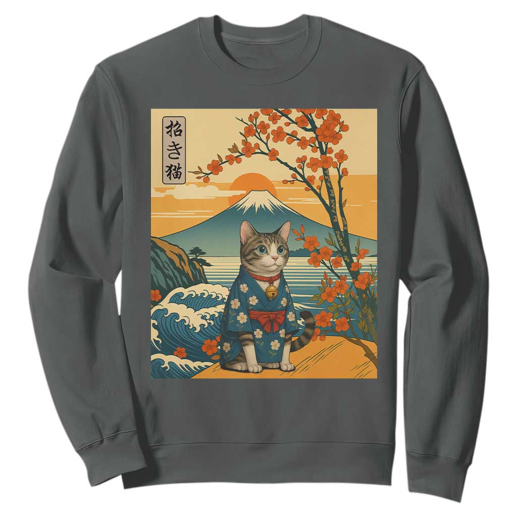 Japanese Ukiyo E Cat Kimono Sweatshirt Mount Fuji Cherry Blossom Vintage Gift TS12 Dark Heather Print Your Wear