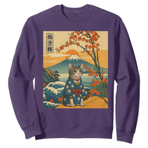 Japanese Ukiyo E Cat Kimono Sweatshirt Mount Fuji Cherry Blossom Vintage Gift TS12 Purple Print Your Wear