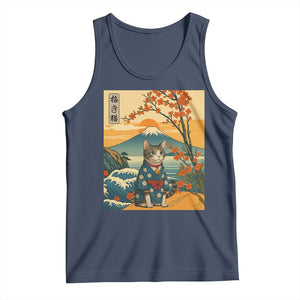 Japanese Ukiyo E Cat Kimono Tank Top Mount Fuji Cherry Blossom Vintage Gift TS12 Navy Print Your Wear
