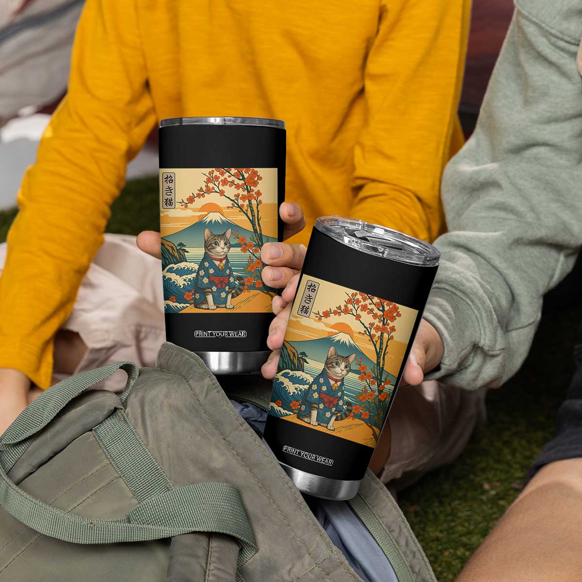 Japanese Ukiyo E Cat Kimono Tumbler Cup Mount Fuji Cherry Blossom Vintage Gift TS12 Print Your Wear