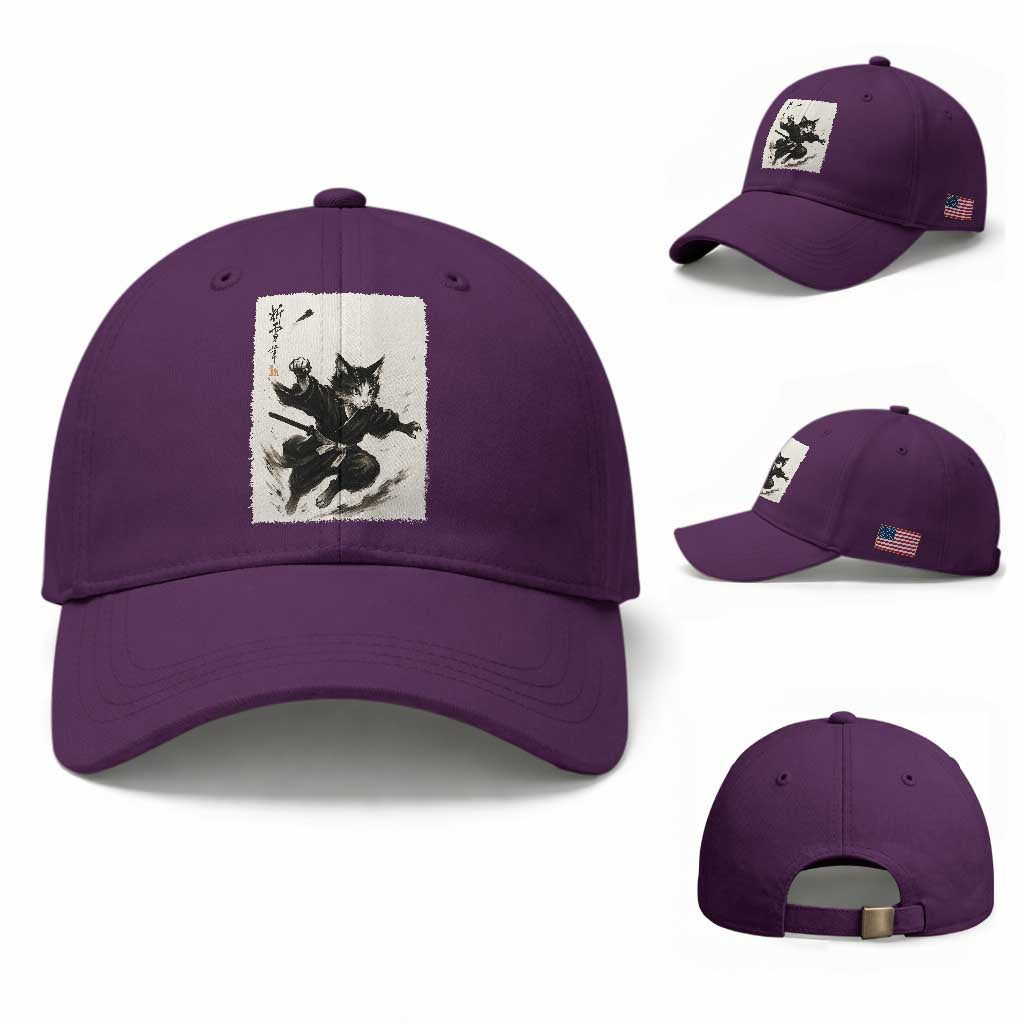 Samurai Cat Baseball Cap Japanese Sumie Cat Warrior Art TS12 Baseball Cap Universal Fit Purple Print Your Wear