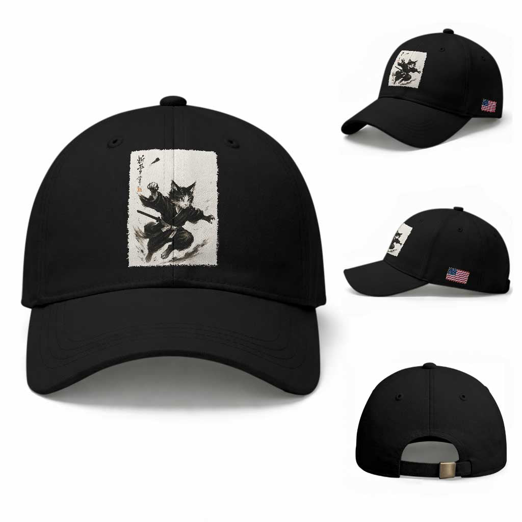 Samurai Cat Baseball Cap Japanese Sumie Cat Warrior Art TS12 Baseball Cap Universal Fit Black Print Your Wear