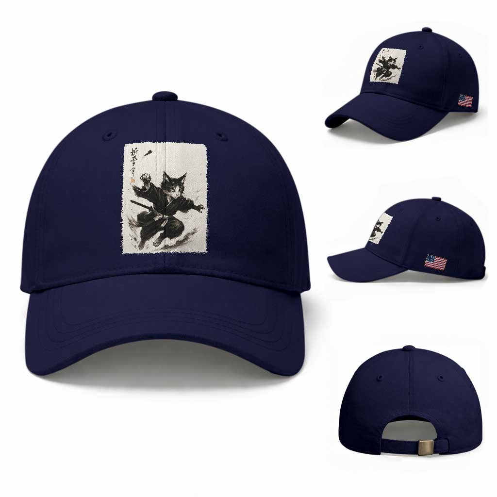 Samurai Cat Baseball Cap Japanese Sumie Cat Warrior Art TS12 Baseball Cap Universal Fit Dark Blue Print Your Wear