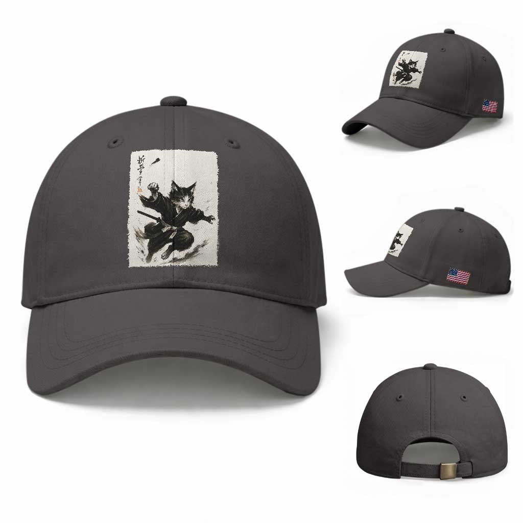 Samurai Cat Baseball Cap Japanese Sumie Cat Warrior Art TS12 Baseball Cap Universal Fit Dark Gray Print Your Wear