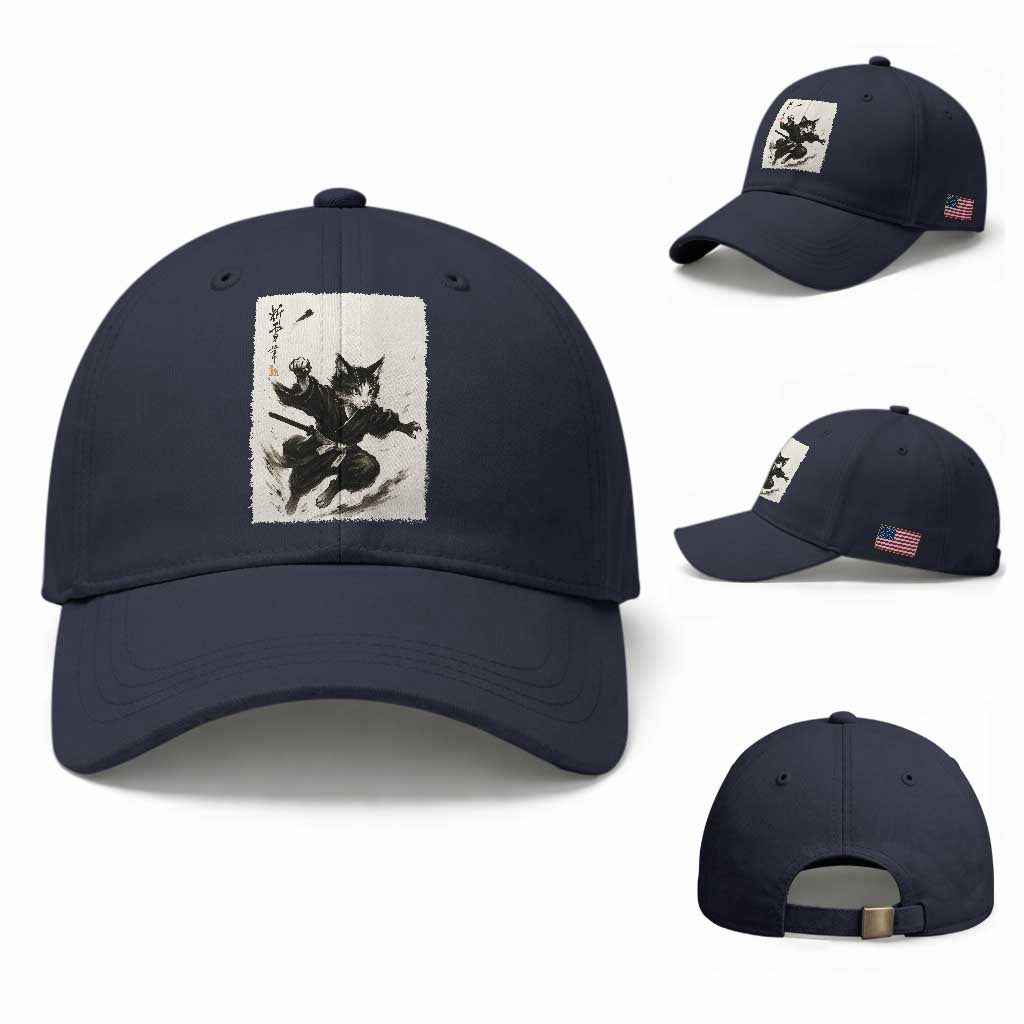 Samurai Cat Baseball Cap Japanese Sumie Cat Warrior Art TS12 Baseball Cap Universal Fit Navy Print Your Wear