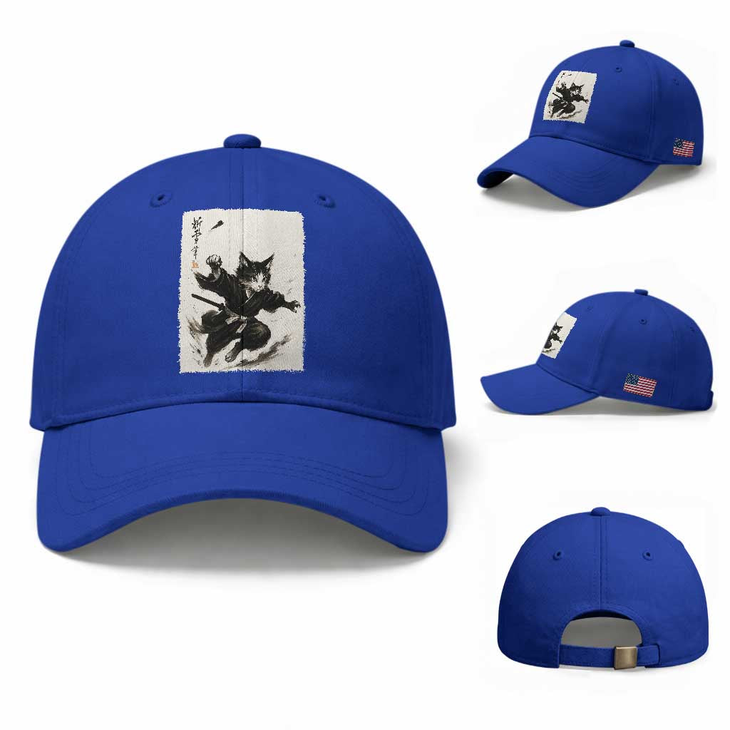 Samurai Cat Baseball Cap Japanese Sumie Cat Warrior Art TS12 Baseball Cap Universal Fit Royal Blue Print Your Wear