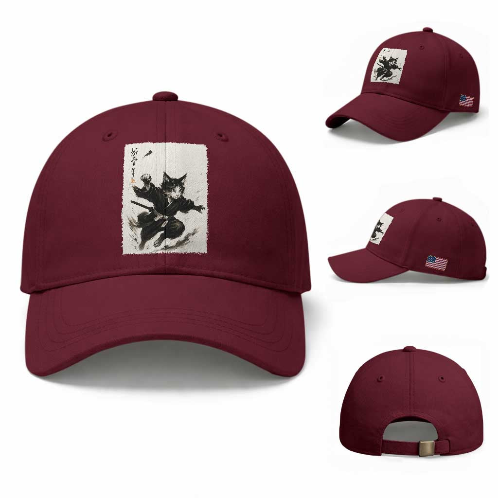 Samurai Cat Baseball Cap Japanese Sumie Cat Warrior Art TS12 Baseball Cap Universal Fit Maroon Print Your Wear