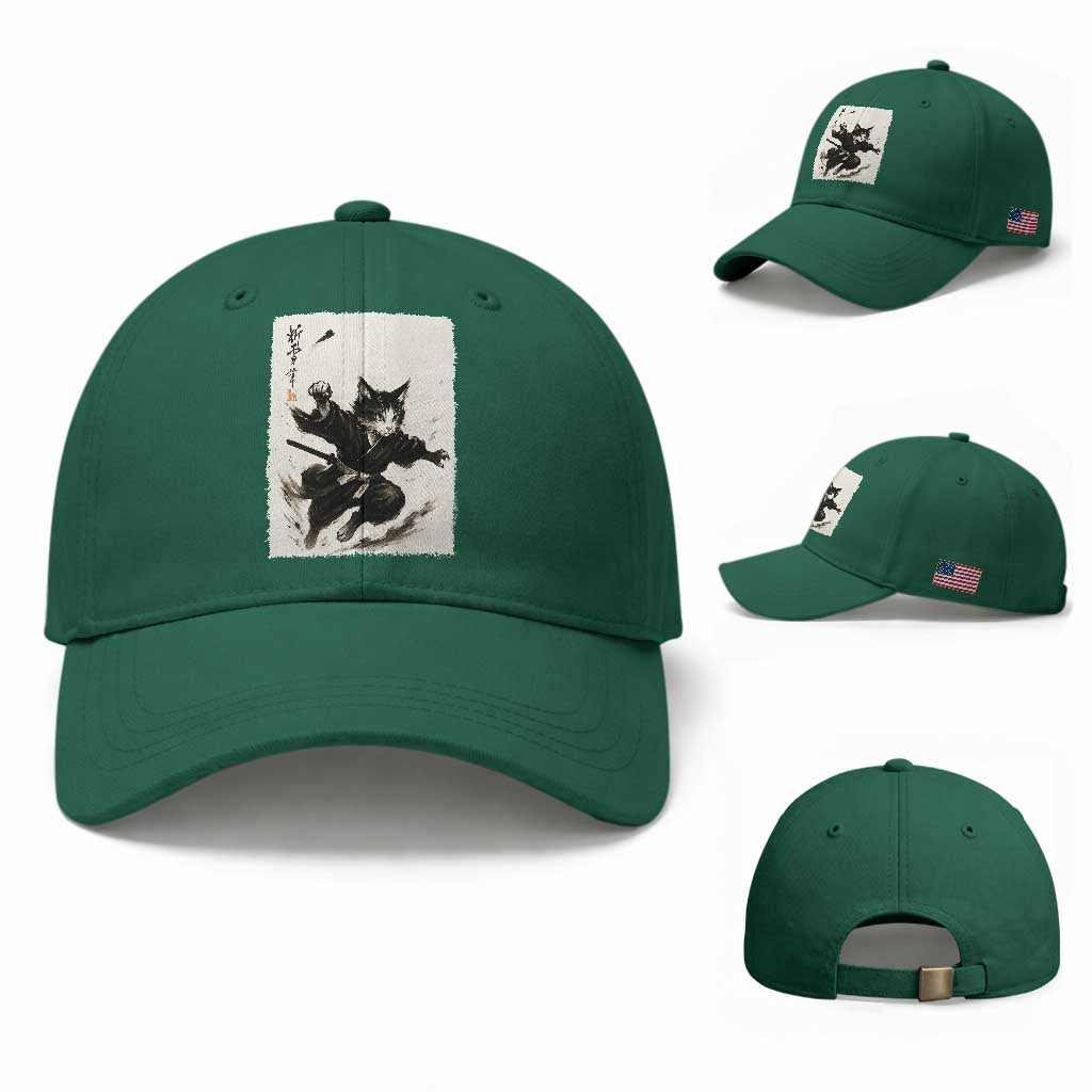 Samurai Cat Baseball Cap Japanese Sumie Cat Warrior Art TS12 Baseball Cap Universal Fit Irish Green Print Your Wear