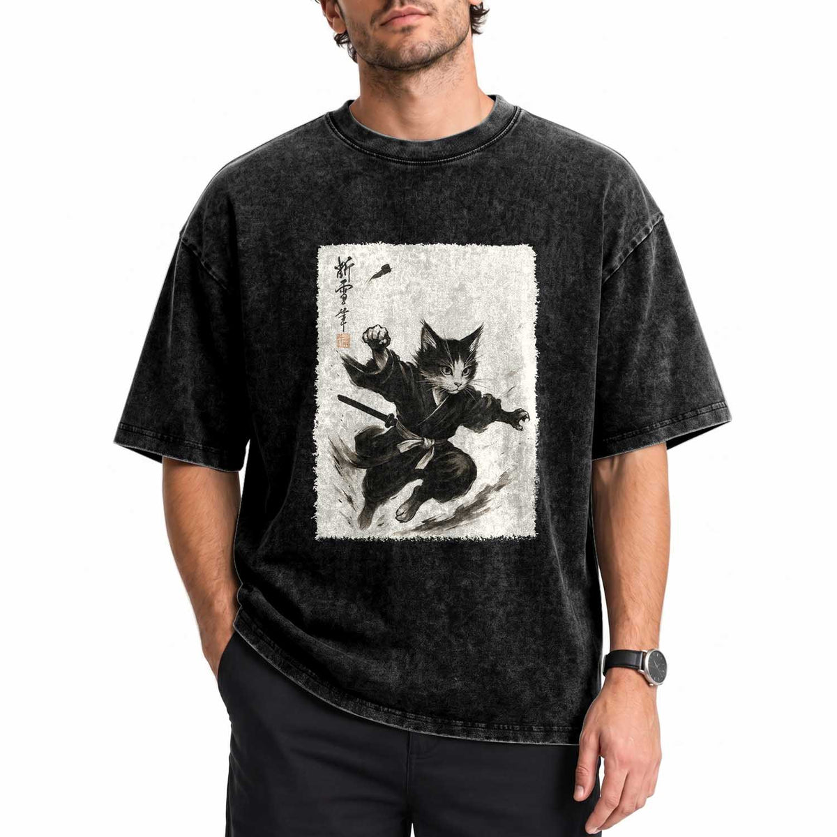 Samurai Cat Washed Cotton T-Shirt Japanese Sumie Cat Warrior Art