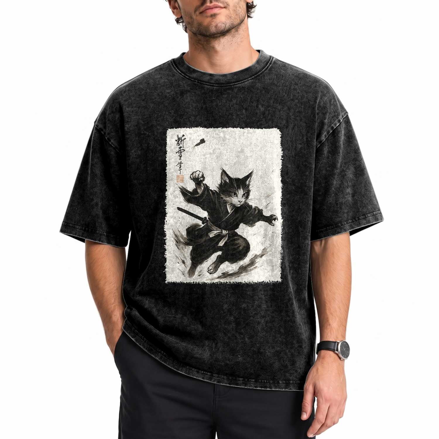 Samurai Cat Washed Cotton T-Shirt Japanese Sumie Cat Warrior Art